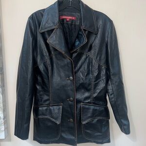 Jennyfer J Women's Black  Faux Leather Jacket with Brown Stitching